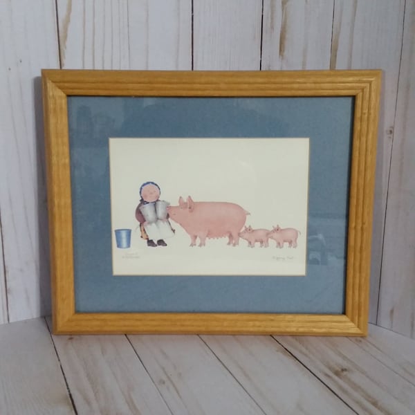 Pigging out, Dianne L. Patterson, ingelijst en gematteerd cartoon kunst, ondertekend en met een adellijke titel 11 x 9 afdrukken, vintage boerderij