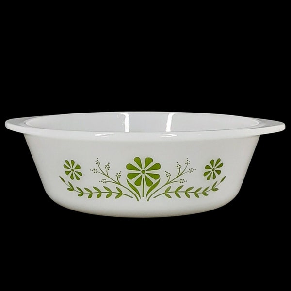 Glasbake Green Daisy Casserole Dish, Vintage Two Quart Round Milk Glass Ovenware