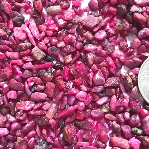 Op de afbeelding: Een verzameling kleine, ruwe, dieproze en magentakleurige edelsteenfragmenten met onregelmatige vormen en vari&euml;rende texturen. Een Amerikaanse kwartmunt is aan de rechterkant geplaatst om een schaalvergelijking voor de stenen te bieden.