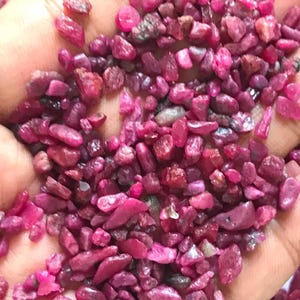 Op de afbeelding: Een verzameling kleine, ruwe, ongepolijste robijn-edelstenen in verschillende tinten diep roze en levendig rood. De stenen zijn onregelmatig van vorm en grootte en hebben een natuurlijk, getextureerd oppervlak met doorschijnende delen.