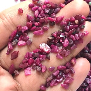 Op de afbeelding: Een verzameling kleine, ruwe, getrommelde robijn-edelstenen in verschillende tinten diep roze en levendig rood. Deze natuurlijke, ongepolijste mineraalfragmenten hebben onregelmatige vormen en texturen en zien er doorschijnend tot ondoorzichtig uit.