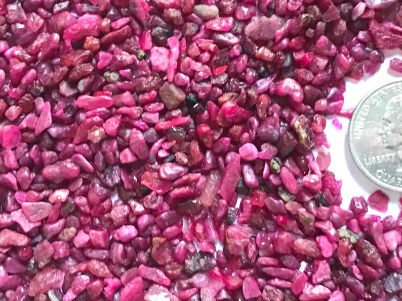 Op de afbeelding: Een verzameling kleine, ruwe, dieproze en magentakleurige robijn edelsteensplinters met onregelmatige vormen en gevarieerde texturen. Een Amerikaanse kwart dollar munt is aan de rechterkant geplaatst om een duidelijk beeld van de schaal te geven.