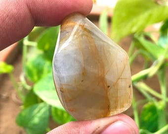 May include: A polished, teardrop-shaped quartz stone featuring a translucent, milky white base with prominent golden-brown mineral inclusions and internal veining throughout the smooth, glossy surface of the gemstone.