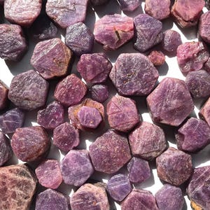 May include: A selection of raw ruby gemstones in shades of red and purple. The gemstones, of varying sizes, have a rough, textured appearance and are arranged on a white surface. The image highlights the natural characteristics of these precious stones.