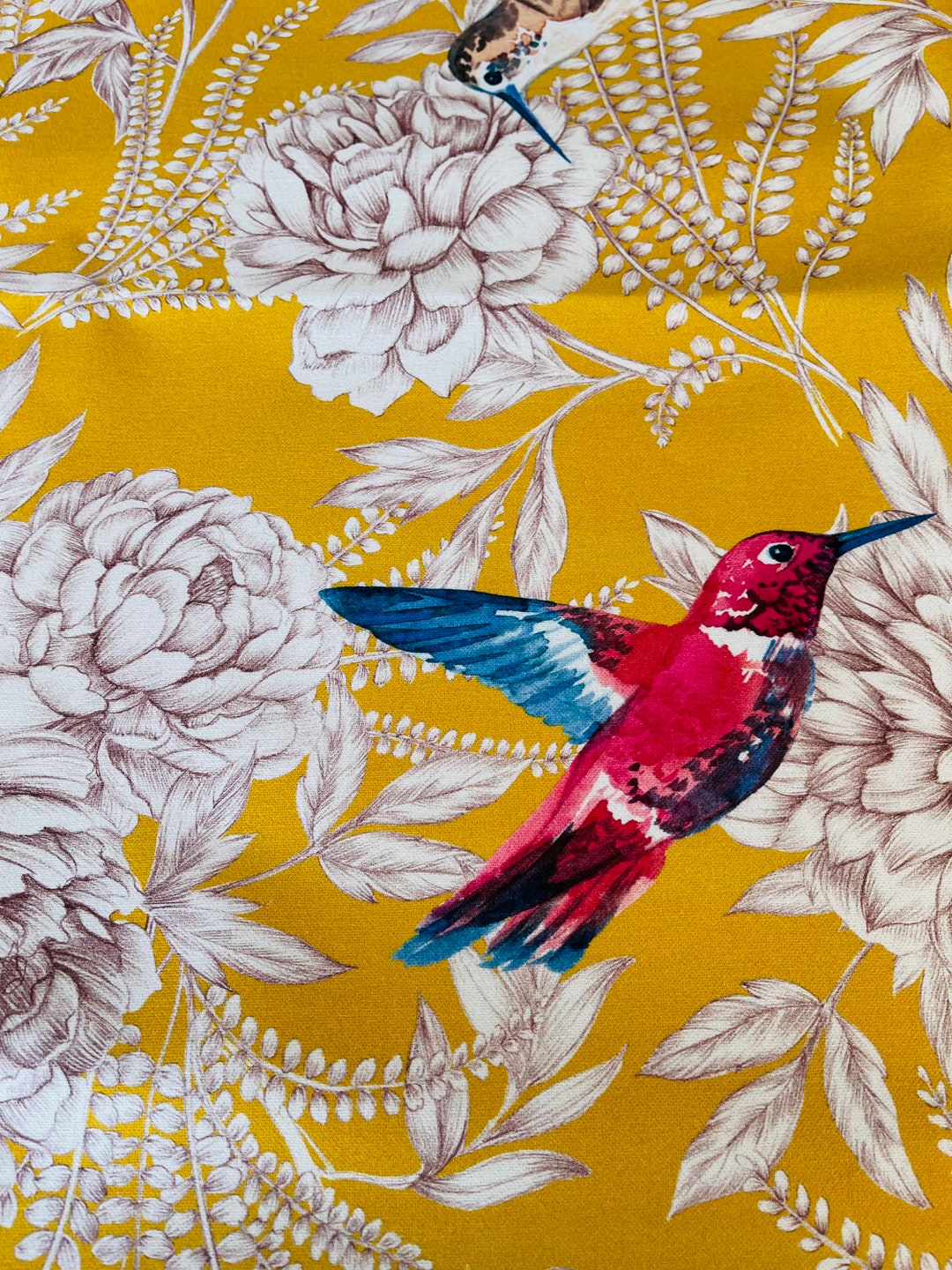 Hummingbird Fabric Cotton Toile Birds Peonies Etsy