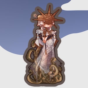 May include: A sticker featuring a character with a white dress and a golden crown, surrounded by snakes. The character has a golden mask with a sun design.