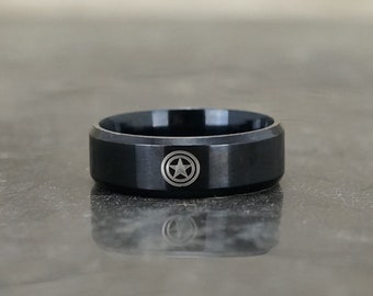 Captain America Ring Super Hero Ring Custom Symbol Ring Man s Tungsten Ring Father s Day Gift Black Engraved Band for Men Gift for Him
