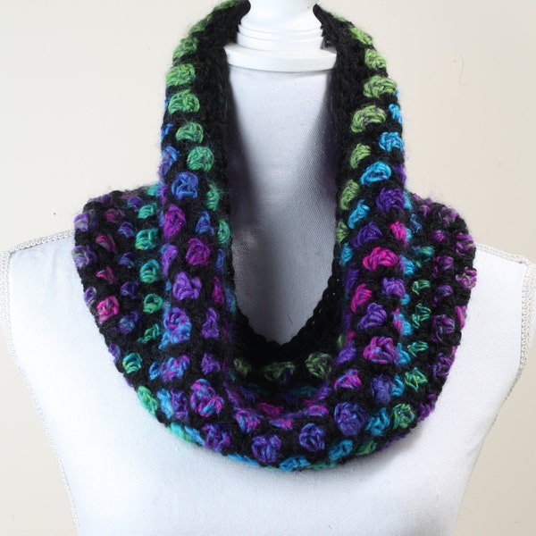 The Stained Glass Cowl, Crochet, Circular Scarf, Wool Blend, Washable, Black, Magenta, Pink, Green, Blue, Mosaic Tile Stitch,