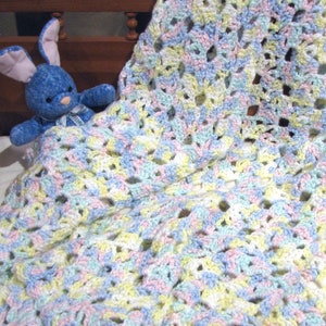 The Peekaboo, Crochet Baby Blanket, Washable, Gender Neutral, Lacy, Pastel, White, Pink, Yellow, Green, Blue, Classic, Traditional