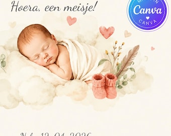 Baby Shower Invitation Girl, Editable Canva Template, Birth Announcement, Baby Girl Invitation, Digital Download, Instant Download