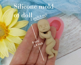Silicone mold of doll size 2х6 cm/0,8х2,4 inch for polymer clay, resin, fondant, chocolate and sugar mastic, Miniature puppet silicone mold