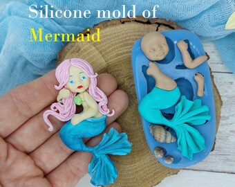 Silicone mold of Mermaid #1 size 7,8x3 cm/ 3x1,2 inch for polymer clay resin chocolate fondant and sugar mastic, mold Mermaid mold cup decor