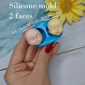 Silicone mold 2 doll faces #2 size 2,5х2,5 cm/0,98х0,98 inch & 2,5x2,7 cm/0,98x1 inch for clay, resin, chocolate mastic, Mold cup decorating