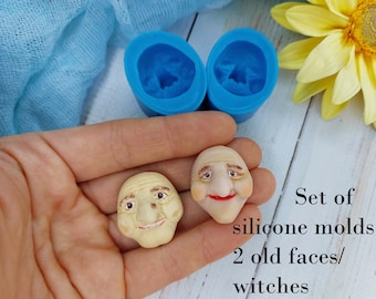Juego de 2 moldes de silicona con caras antiguas/brujas de 2,4 x 2,7 cm y 2,4 x 2,5 cm para decoración de Halloween con arcilla polimérica.