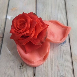 May include: A red rose with petals arranged in a spiral shape, sitting on top of two pink silicone molds shaped like rose petals.
