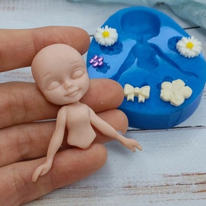 Silicone mold of doll with flowers size 5х4,9 cm/1,96x1,92 inch for polymer clay fondant and chocolate Miniature puppet mold, mold cup decor