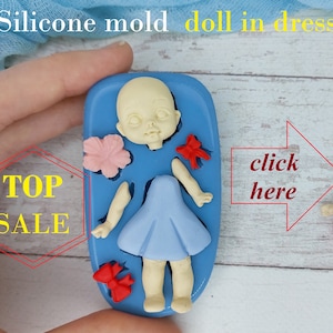 Silicone mold of doll in dress size 6,5х3,3 cm/ 2,4x1,2 inch for clay and resin, fondant and chocolate Miniature puppet mold, mold cup decor