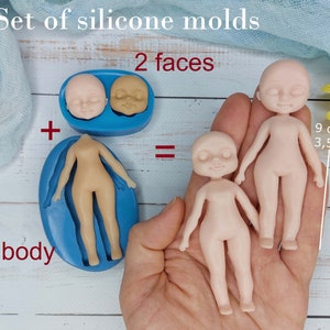 Set of silicone molds of doll 1 body 2 faces size 9х4,2 cm/3,5х1,6 inch for clay, fondant, chocolate and mastic Silicone Mold cup decorating