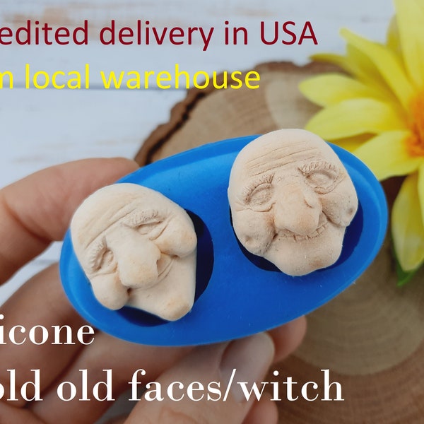 Silicone mold old faces/witch size 0,94x1 inch (2,4х2,7 cm) & 0,94x0,98 inch (2,4х2,5 cm) for clay with delivery from a warehouse in U.S.A.