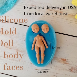 May include: Blue silicone mold for making a doll with one body and two faces. The mold is 1.4 inches tall and 0.8 inches wide.