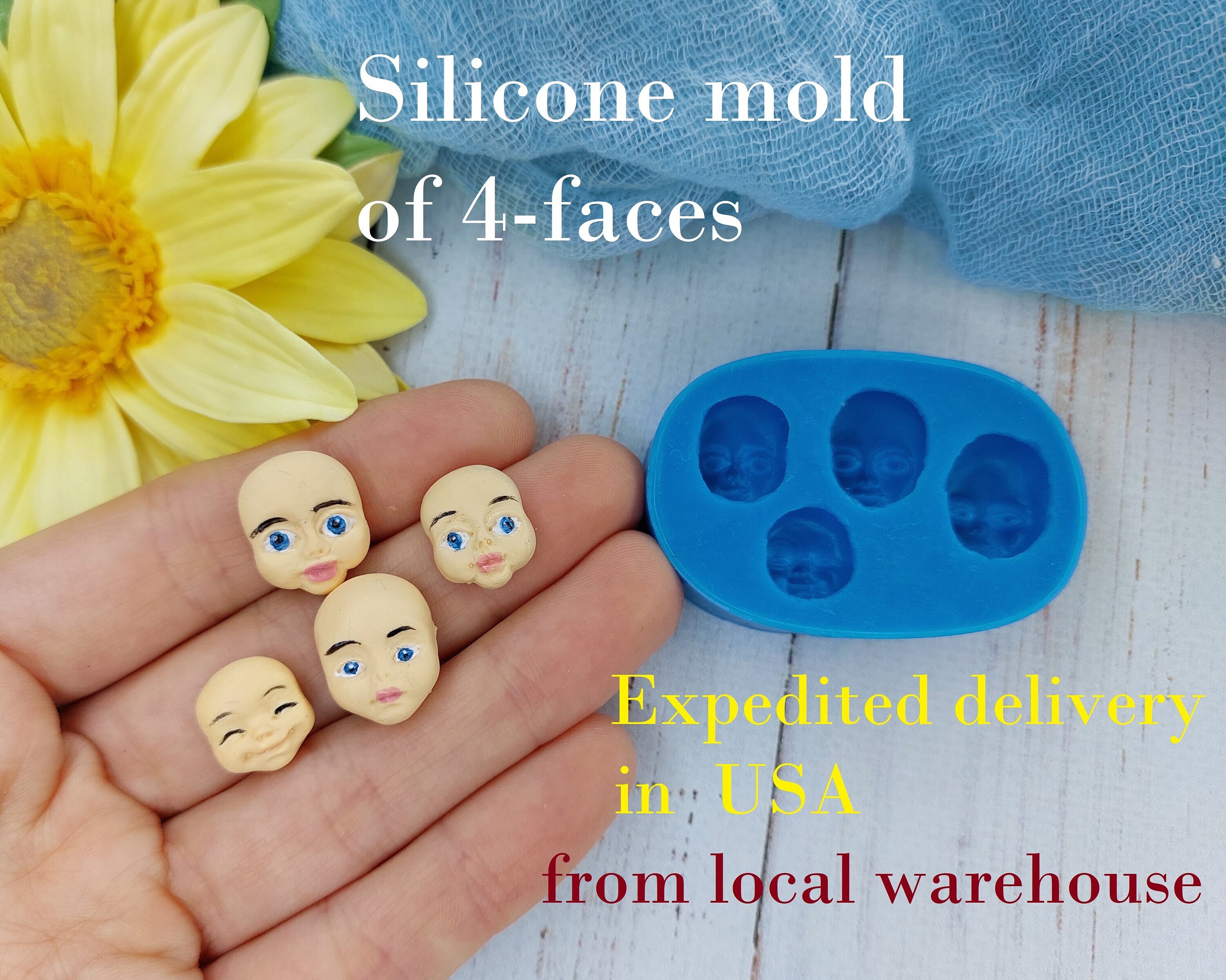 Silicone mold 4-faces of doll size from 1,1х1,2 to 1,4х1,8 cm for clay, resin, chocolate, fondant with delivery from a warehouse in U.S.A