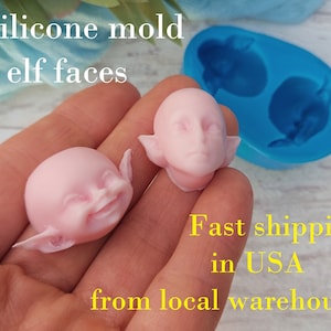 Silicone mold two elf faces size 1,37х1,37 inch & 0,86х1,46 inch for clay, resin, chocolate fondant with delivery from a warehouse in USA