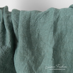 Wide green linen fabric, washed | width 295cm (116) ± 5%, weight 160gsm (4.72oz / yd), for sewing bed sheets, covers, curtains