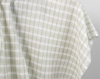 Linen fabric off-white with light olive green checks | Pure linen fabric | Width 150 cm (59") | Weight 150 g/m2 (4.42 oz/yd) | by Siulas
