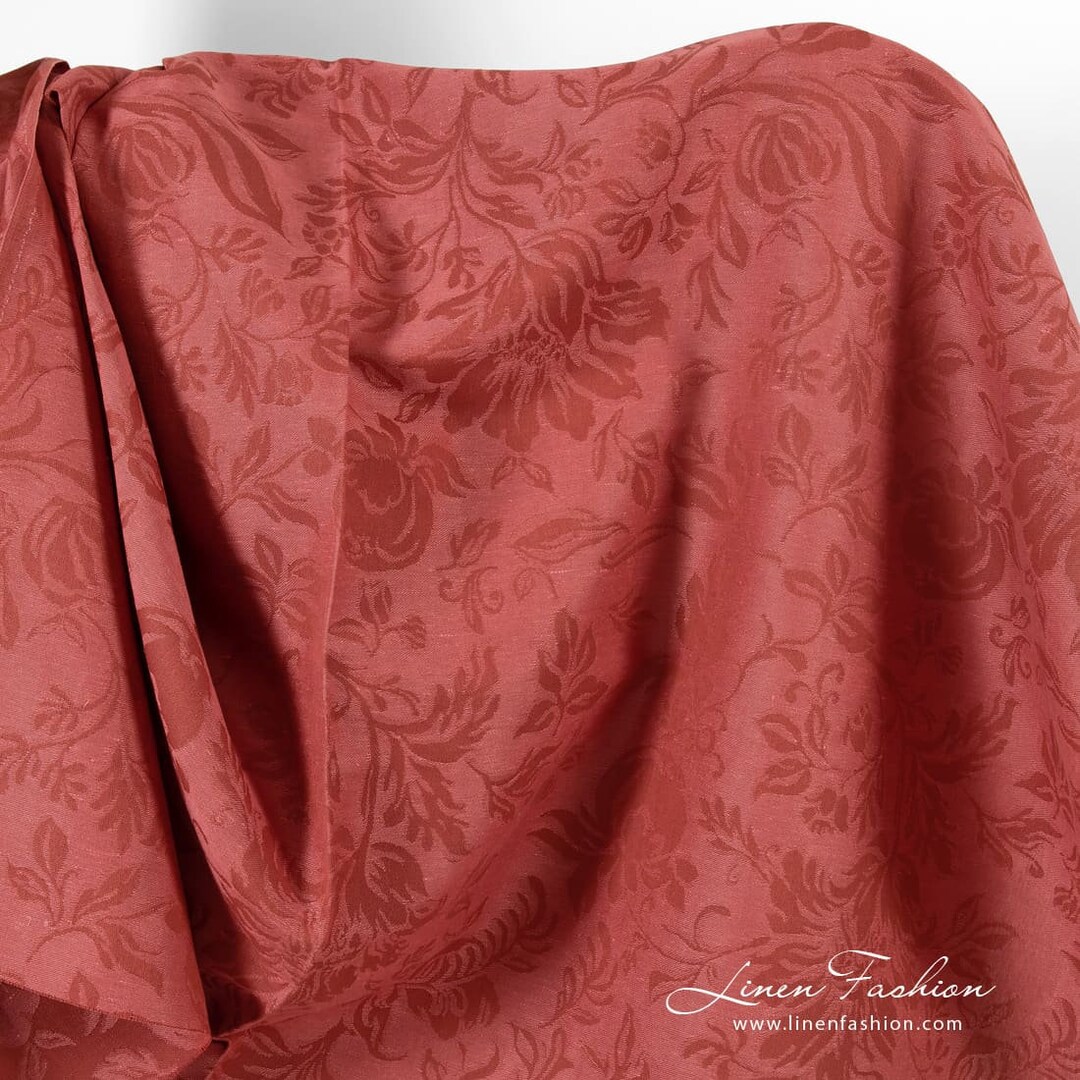 Red Linen Cotton Jacquard Fabric in Floral Pattern Linen Cotton Fabrics