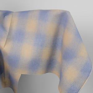 Può includere: Un tessuto drappeggiato con un motivo ripetuto di quadrati azzurri e beige. Il tessuto ha un aspetto strutturato, con fili intrecciati visibili. L'effetto complessivo è morbido e invitante, adatto per l'arredamento della casa o l'abbigliamento.