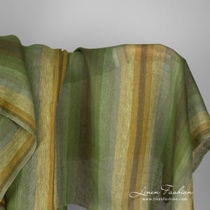 Transparent green linen fabric in stripes | solid plain weave | gauze linen | Width 160cm (63″) | Weight 110gsm (3.24oz /yd) | by Siulas