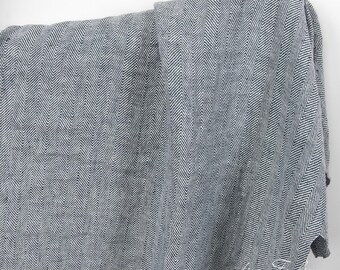 Linen fabric in blue white herringbone | Washed linen fabric | Width 140 cm (55") | Weight 230 g/m2 | Made by Siulas, Lithuania