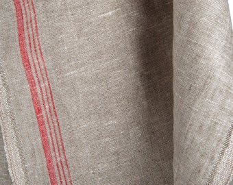 Light grey narrow pure linen fabric with red stripes | Linen for towels | Width 50 cm (19.7&quot;) | Weight 245 g/m2 | made by Siulas, Lithuania