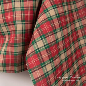Linen cotton fabric with beige and red checks | Width 150cm | Weight 160gsm | perfect for clothing, home textile, etc