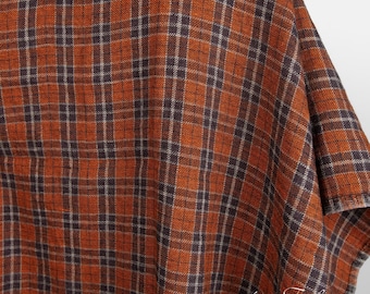 Orange linen wool fabric in checks | Washed half-linen fabric | Width 145cm (57") | Weight 205 g/m2 | Made by Siulas, Lithuania