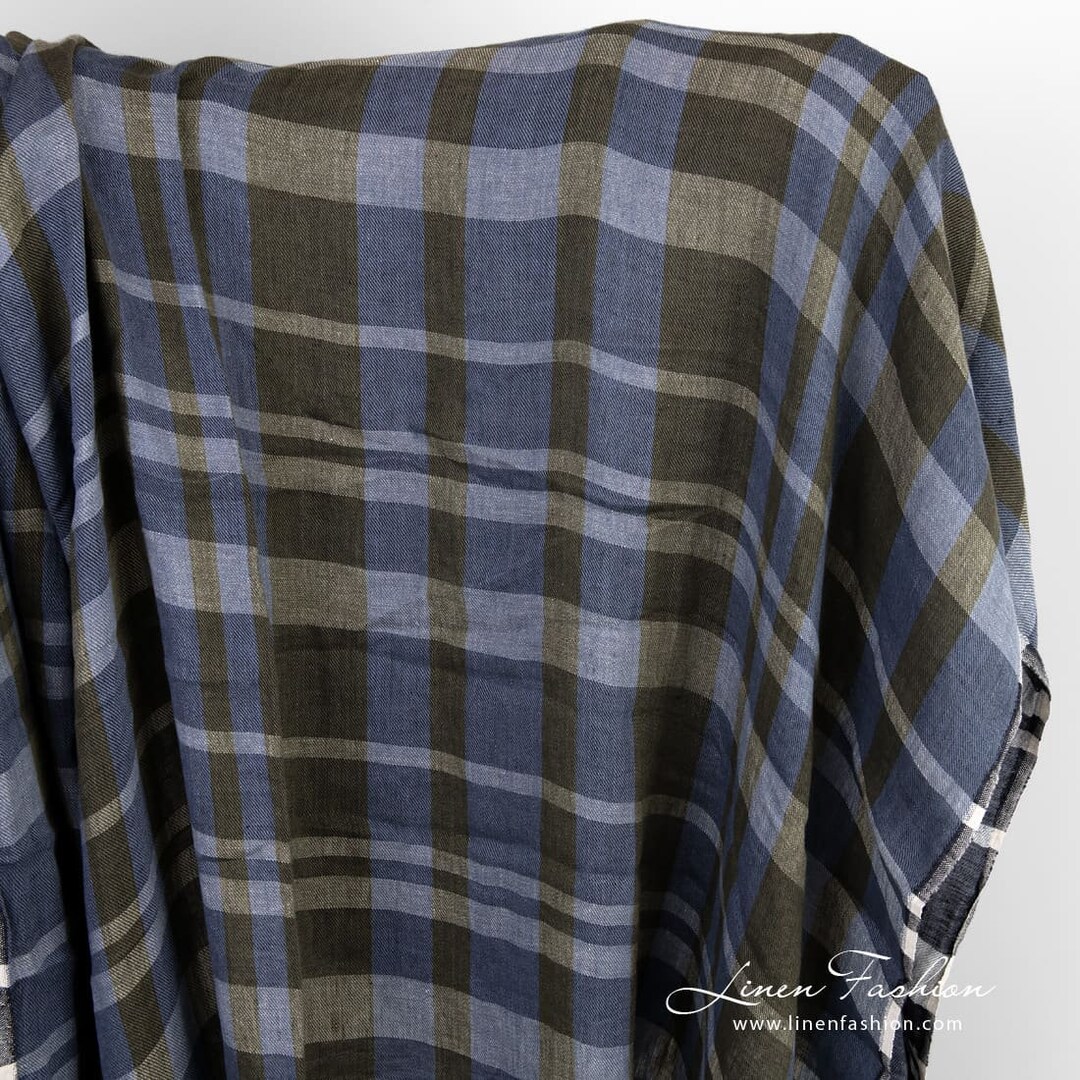 Linen Fabric in Blue and Green Checks | Washed Linen Fabric | Width 145 ...
