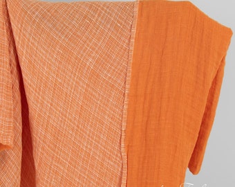 Double-sided orange linen fabric in checks | Washed linen fabric | Width 140 cm (55") | Weight 230 g/m2 | Made by Siulas, Lithuania