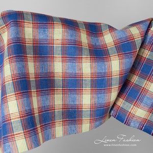 Linen fabric in blue orange checks | Pure Linen Fabric | Width 150cm (59) | Weight 185g / m (5.46oz / yd) | Made by Siulas, Lithuania