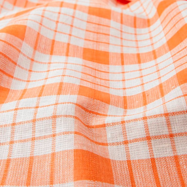 Orange checked linen fabric | big check pattern | Width 150cm | Weight 175g / m (5.16oz / yd) | by Siulas