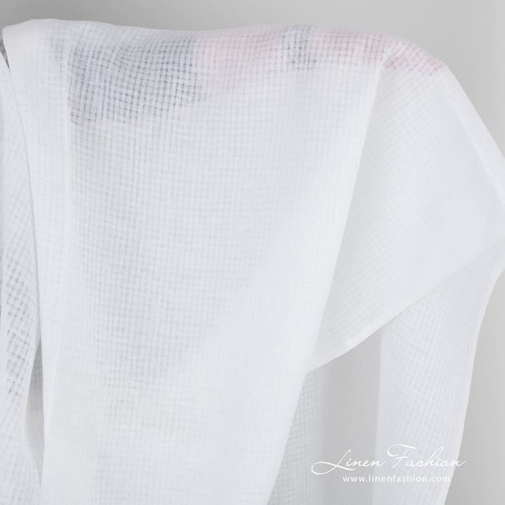 Optical White Linen Fabric in Transparent Checks | Pure