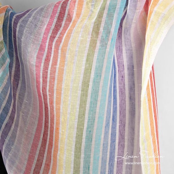 Gauze 100% linen fabric rainbow striped, width 150cm, weight 110gsm, for curtains, scarves, shawls, etc.