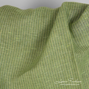 Lime linen fabric in tiny checks | Pure Linen Fabric | Width 150cm (59") | Weight 130g / m (3.83oz / yd) | Made by Siulas, Lithuania