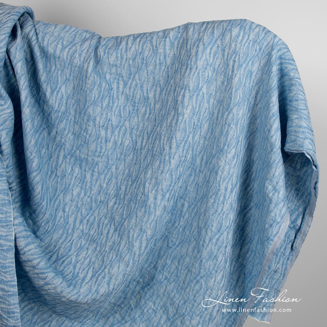 Blue Jacquard Linen Fabric Washed Pure Linen Fabric Width Etsy
