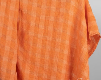 Orange linen fabric in transparent checks | Washed linen fabric | Width 145 cm (57") | Weight 170 g/m2 | Made by Siulas, Lithuania