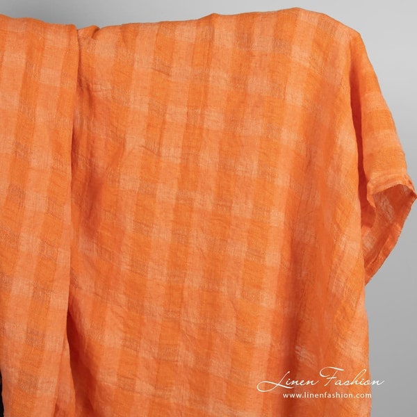 Orange linen fabric in transparent checks, washed | Pure Linen Fabric | Width 145cm ± 5% | Weight± 170g / m2 | Made by Siulas, Lithuania