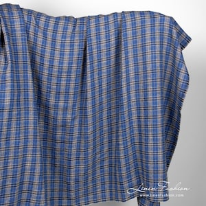 Blue linen wool fabric in checks | Washed linen-blend fabric | Width 145 cm (57&quot;) ±5 % | Weight ±205 g/m2 | Made by Siulas, Lithuania