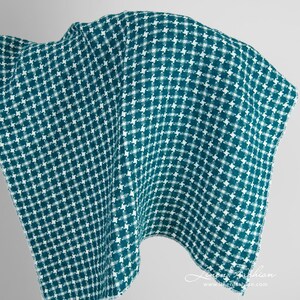 Linen fabric in turquoise houndstooth pattern, washed | Pure Linen Fabrics | Width 140cm | Weight 230g / m | made by Siulas, Lithuania