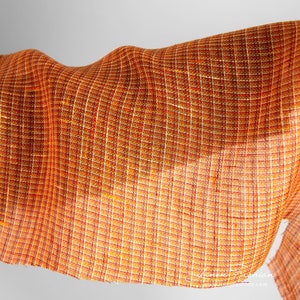 Orange linen fabric in transparent checks | Pure Linen Fabric | Width 150cm (59&quot;) | Weight 130g / m (3.83oz / yd) | Made by Siulas