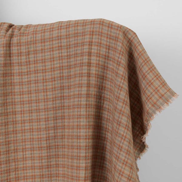 Linen fabric orange brown checks | Washed linen fabric | Width 140 cm (55") | Weight 260 g/m2 | Made by Siulas, Lithuania