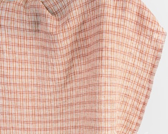 Orange linen fabric in checks | Washed linen fabric | Width 145 cm (57") | Weight 140 g/m2 | Made by Siulas, Lithuania
